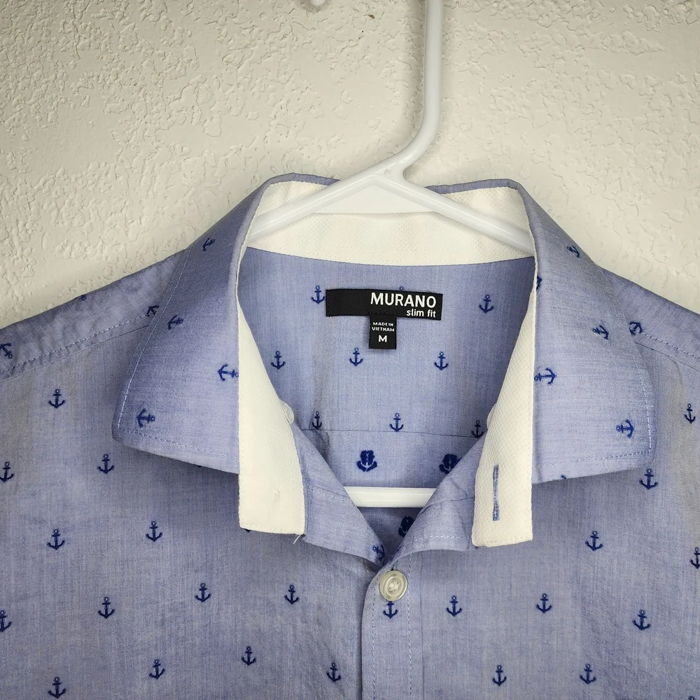 Nautical Blue Anchors Button-Up Short Sleeve‎ Casual Men's Slim M Shirt Cotton